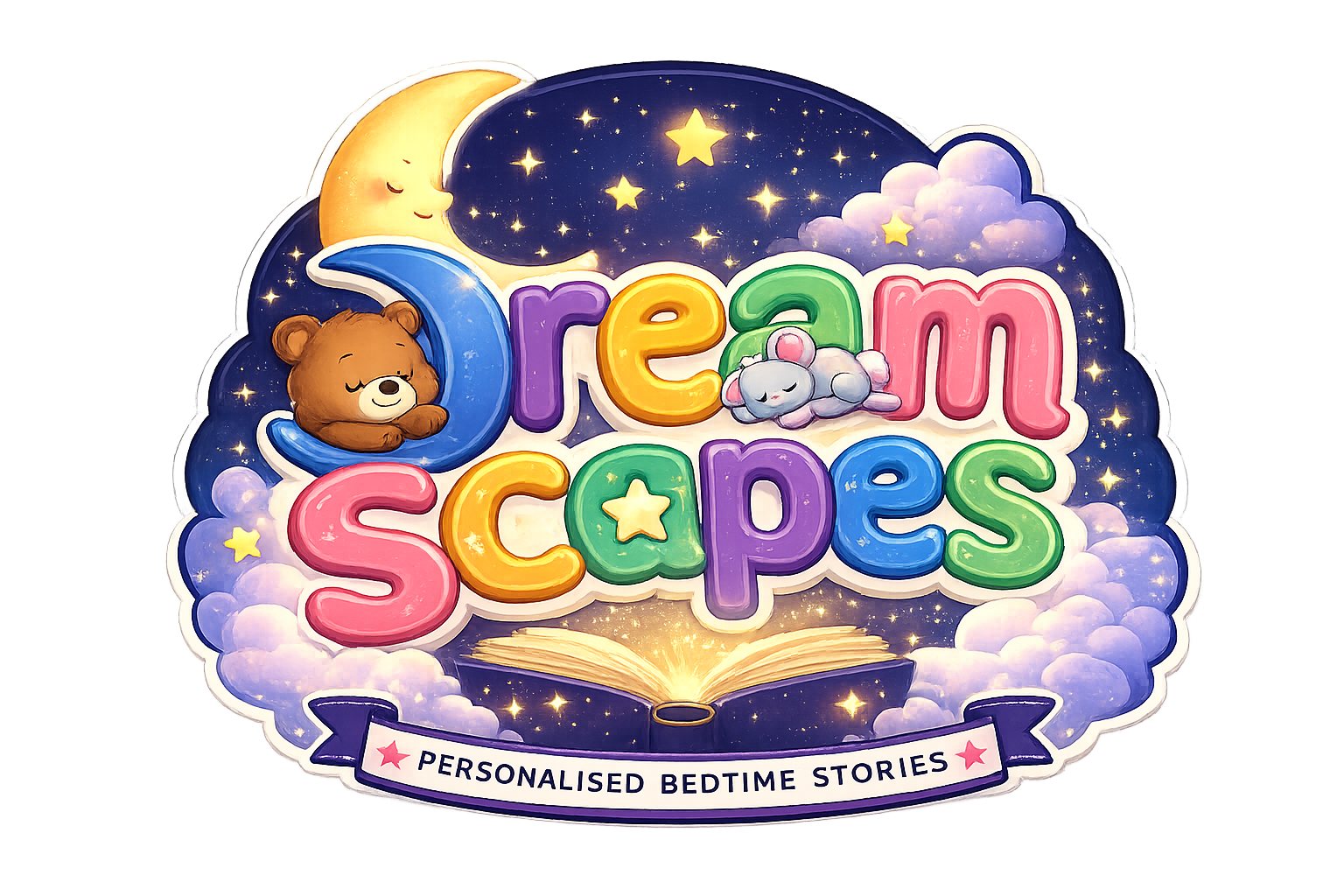 DreamScapes logo with moon, stars, clouds, and storybook